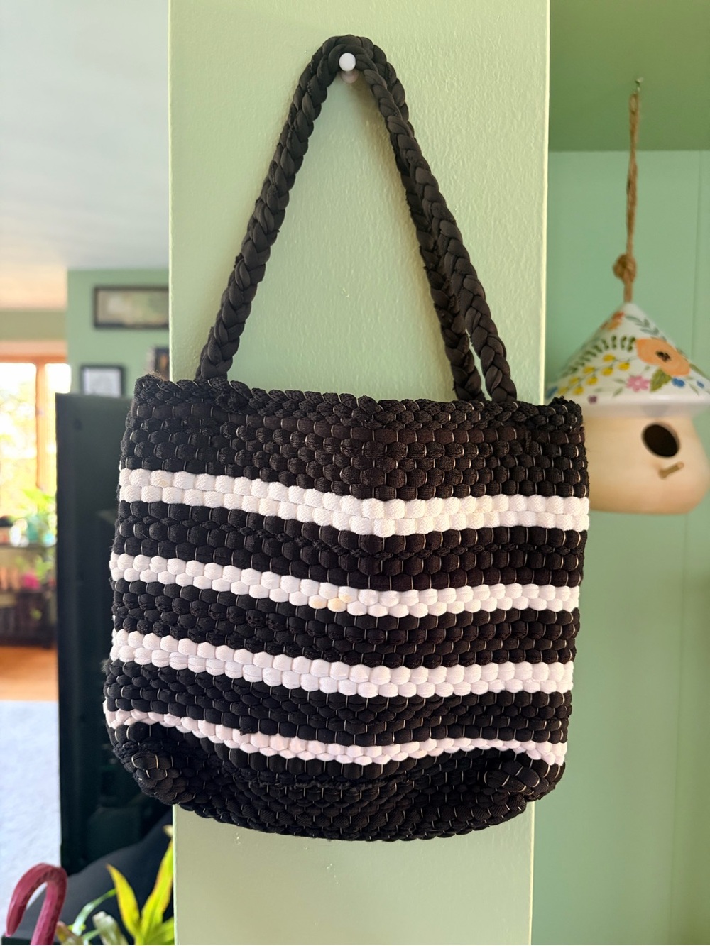 Woven Stripe Tote Bag in Black and White